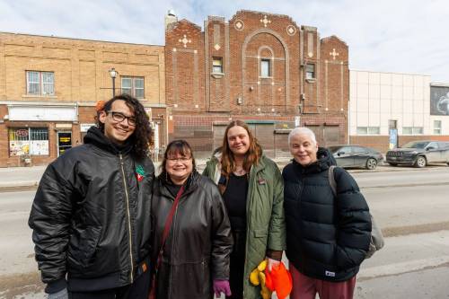 MIKE DEAL / FREE PRESS
                                Collaborating to revive the Palace Theatre, behind them, are: North End History&rsquo;s Michael Redhead Champagne, from left, Turtle Drum Workshops&rsquo; Heather Bjorklund, North End History&rsquo;s Kara Passey and Social Planning Council&rsquo;s Kate Kehler.